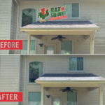 Before and after house soft washing showing exterior siding cleaned and restored