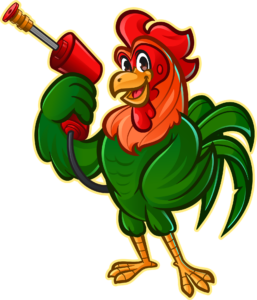 Raz N’ Shine Mascot Logo | Exterior Cleaning Brand Raz N’ Shine rooster mascot holding pressure washer representing exterior cleaning services