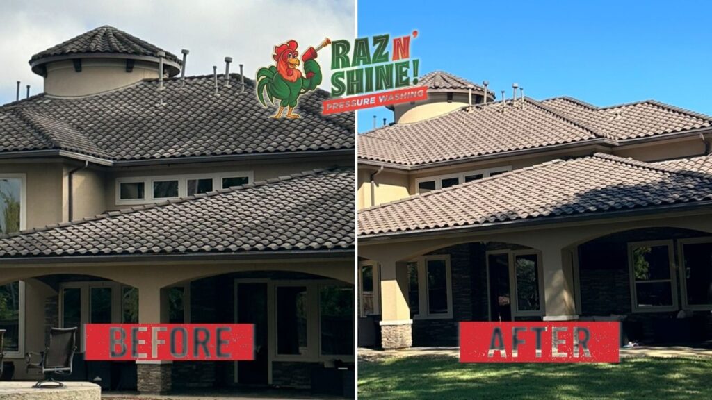 Before and after roof cleaning showing tile roof restored with soft washing in Texas