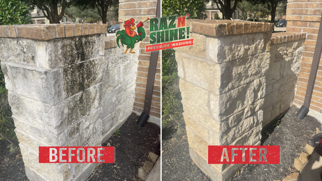 Before and after stone surface cleaning in Sienna TX showing restored entryway and wall