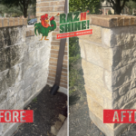 Before and after stone surface cleaning in Sienna TX showing restored entryway and wall