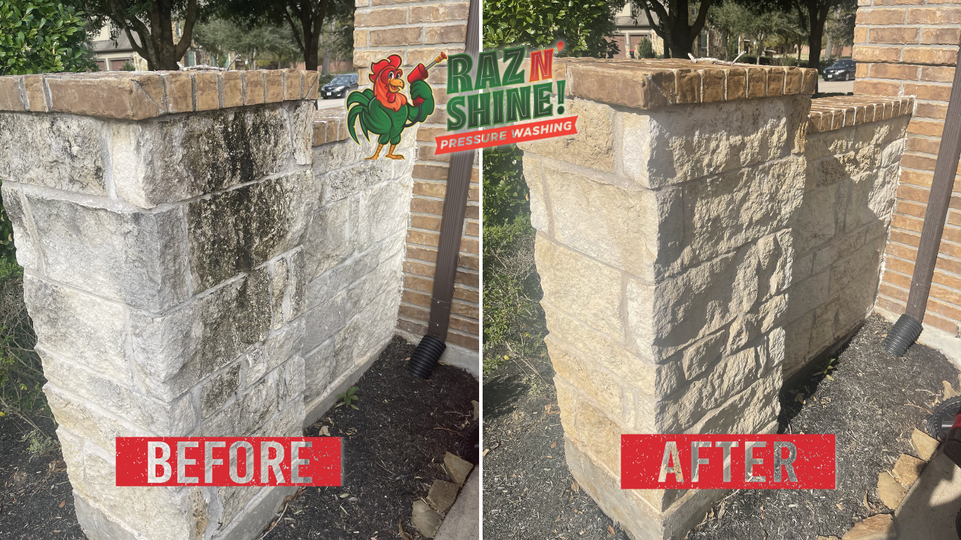 Before and after stone surface cleaning in Sienna TX showing restored entryway and wall