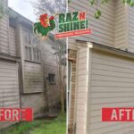 Before and after house washing showing exterior siding cleaned and restored from dirt and algae