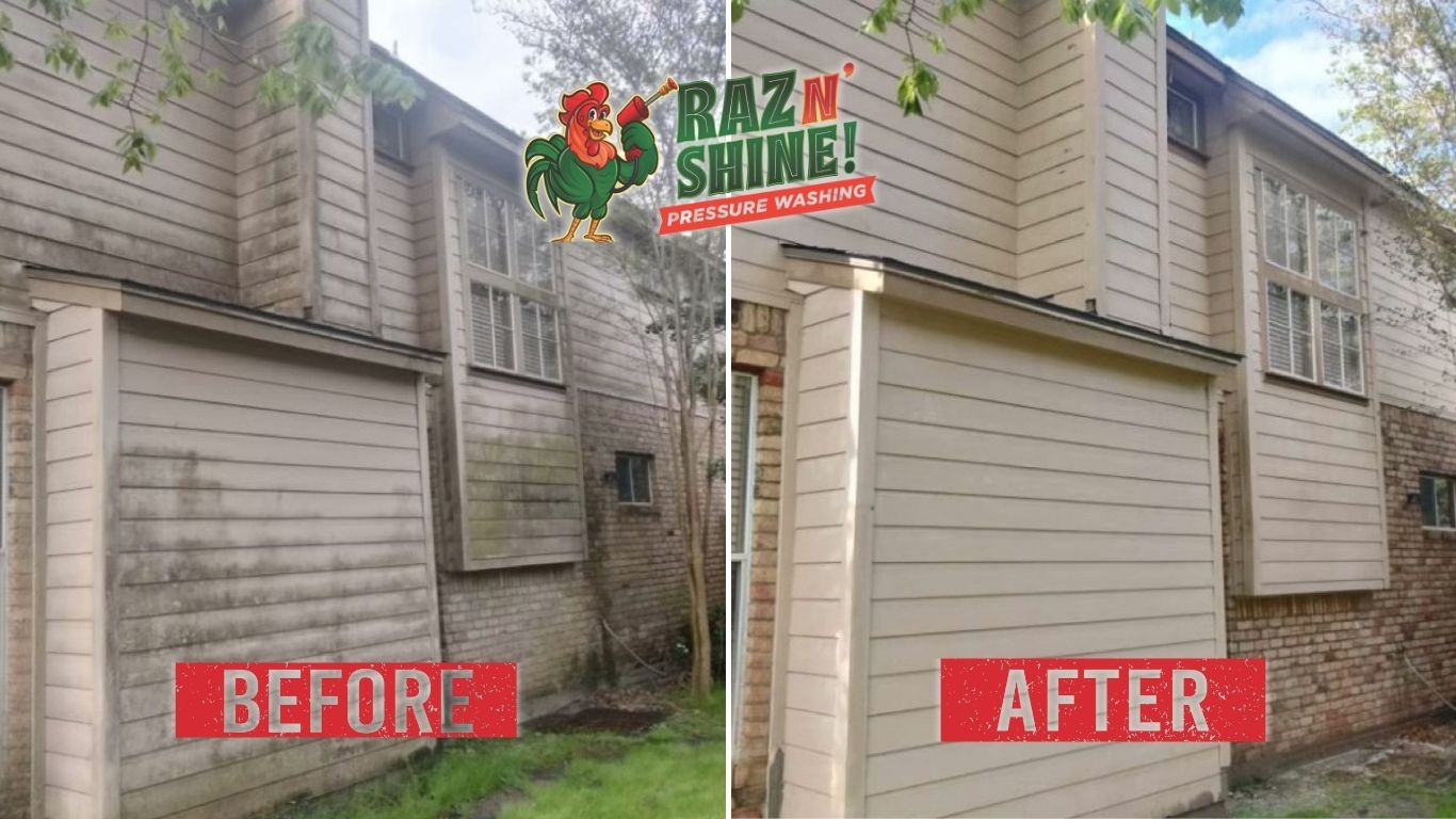 Before and after house washing showing exterior siding cleaned and restored from dirt and algae