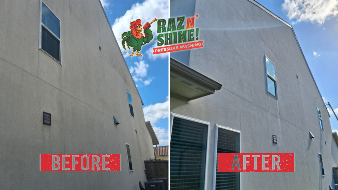 Before and after exterior building cleaning showing walls restored with pressure washing