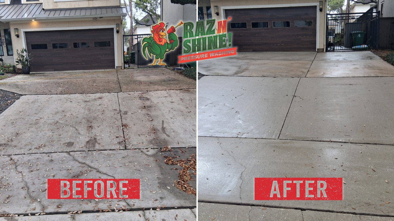 Before and after of driveway pressure washing by Raz N' Shine