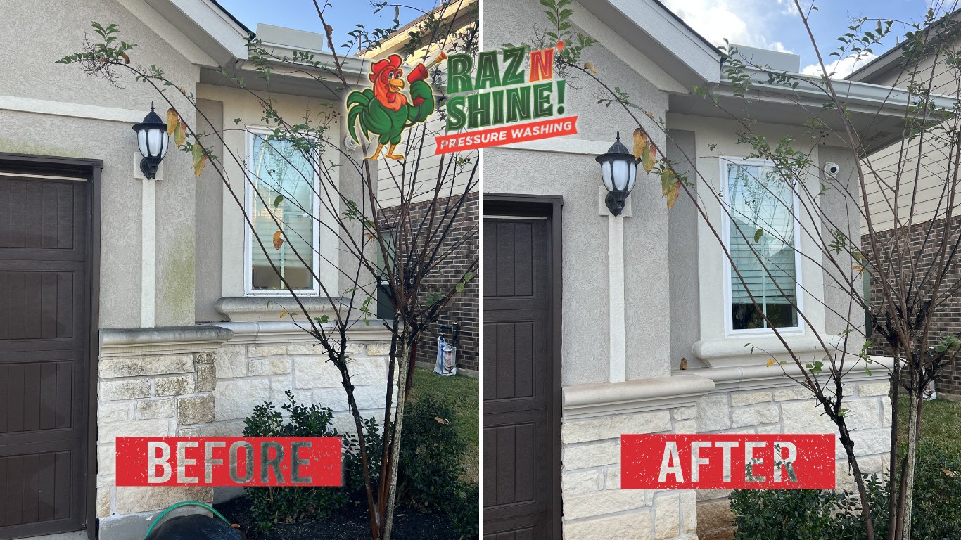 Before and after of a front entry soft washed by Raz N' Shine