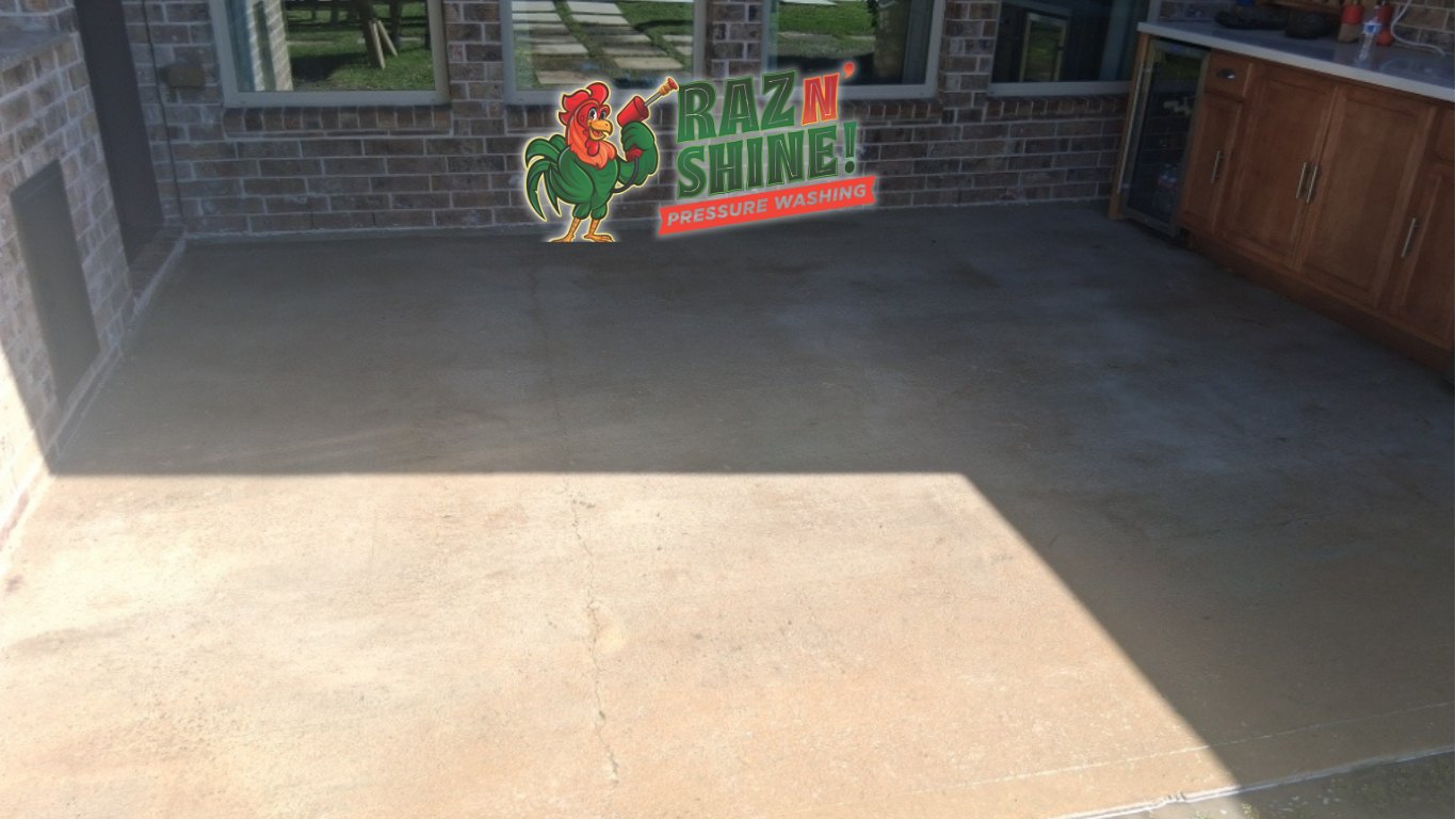 Before and after of a patio floor cleaned by Raz N' Shine