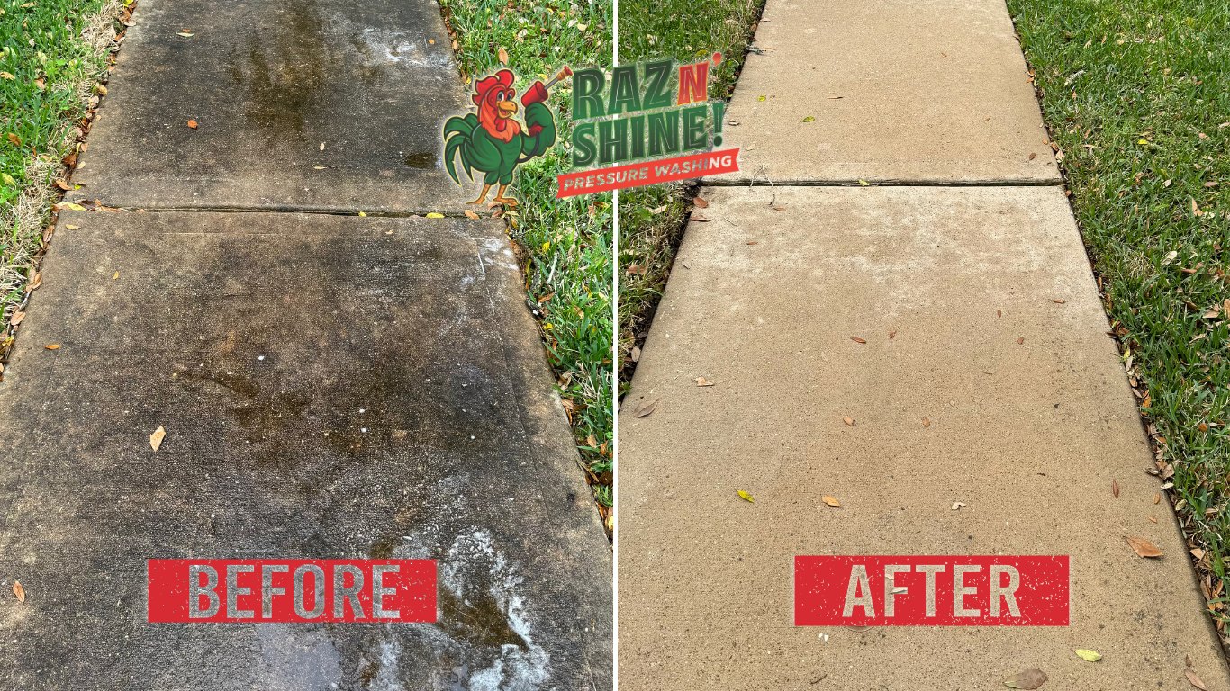 Before and after of sidewalk pressure washing by Raz N' Shine