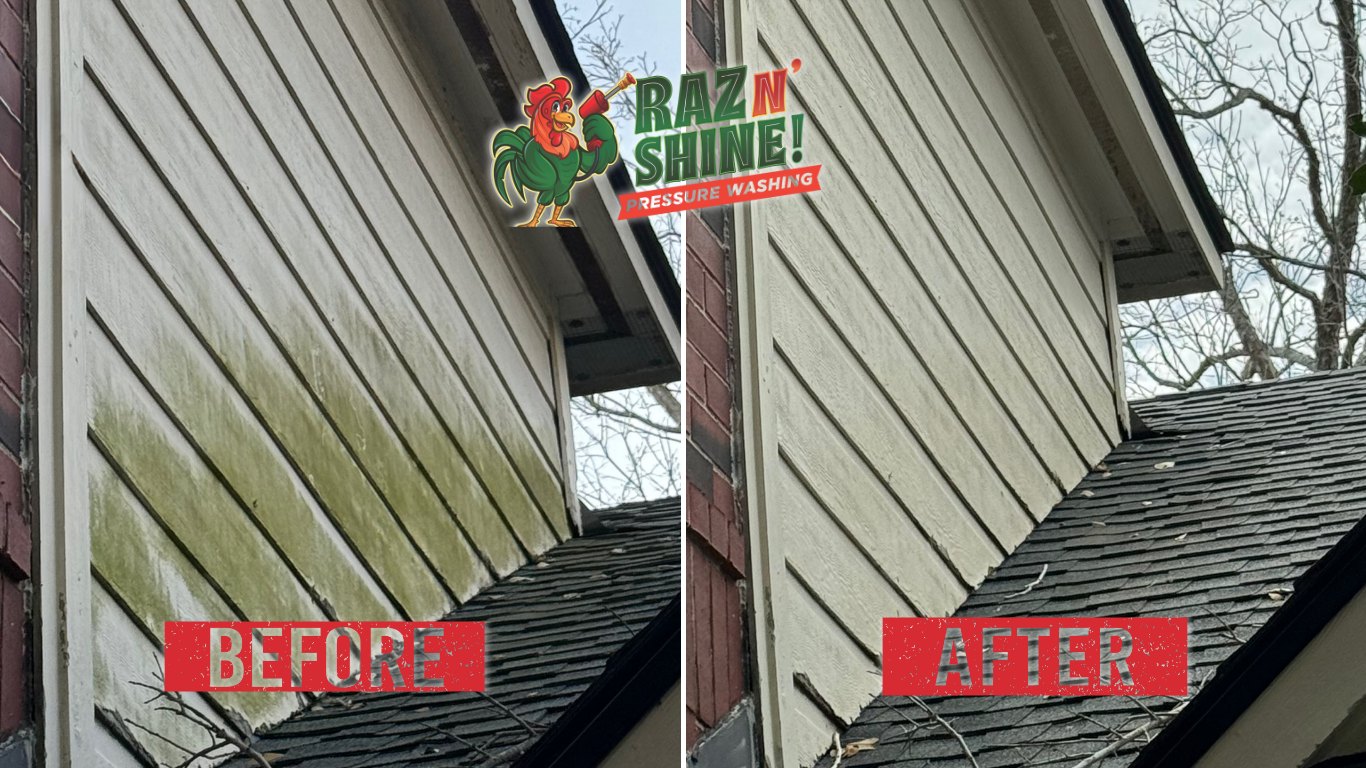 Before and after of siding soft washed by Raz N' Shine