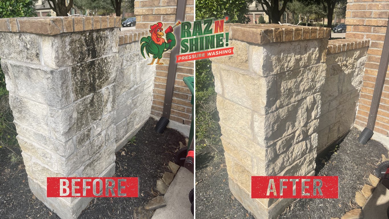Before and after of a stone wall cleaned by Raz N' Shine