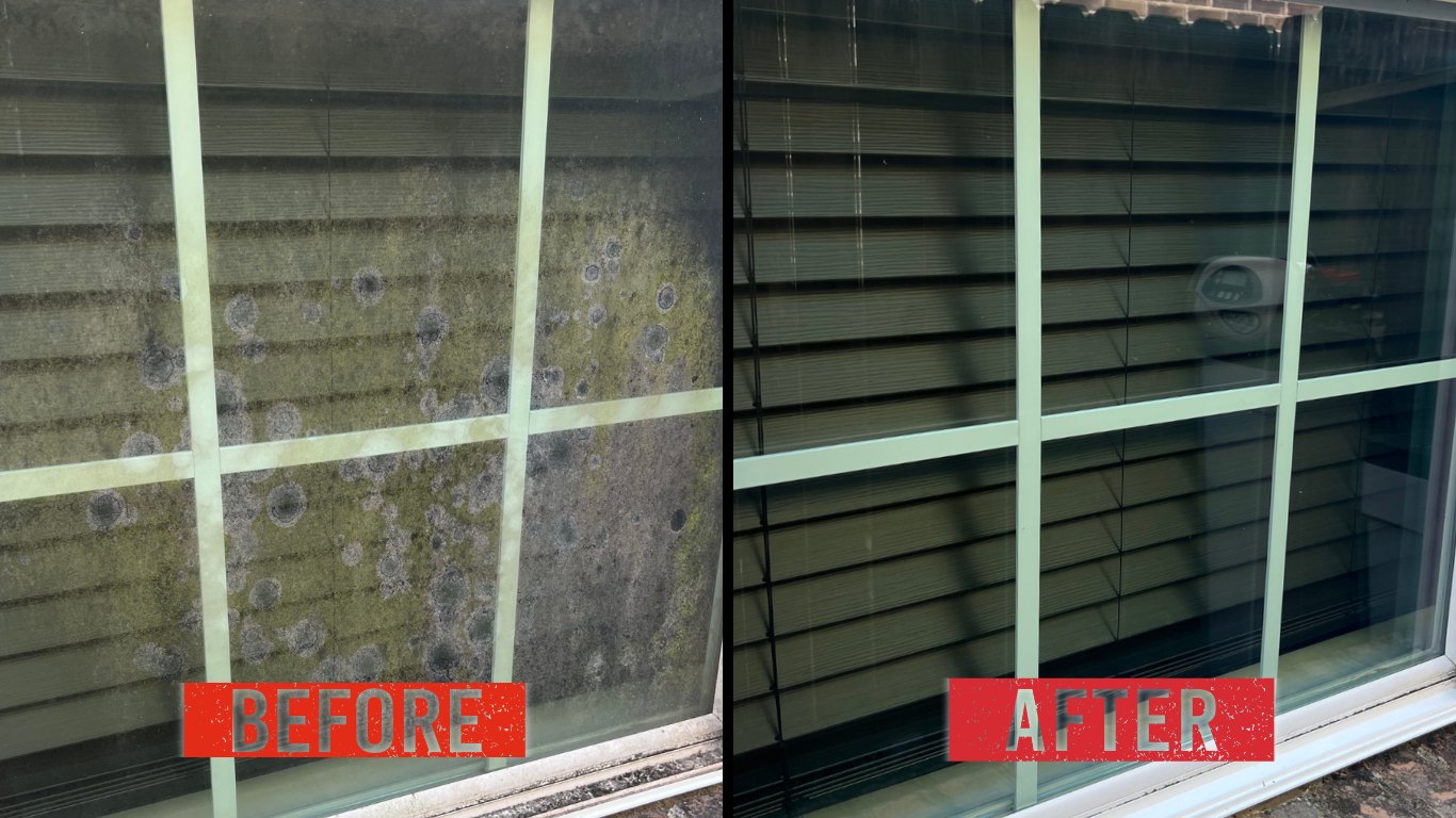 Before and after of a window screen cleaned by Raz N' Shine